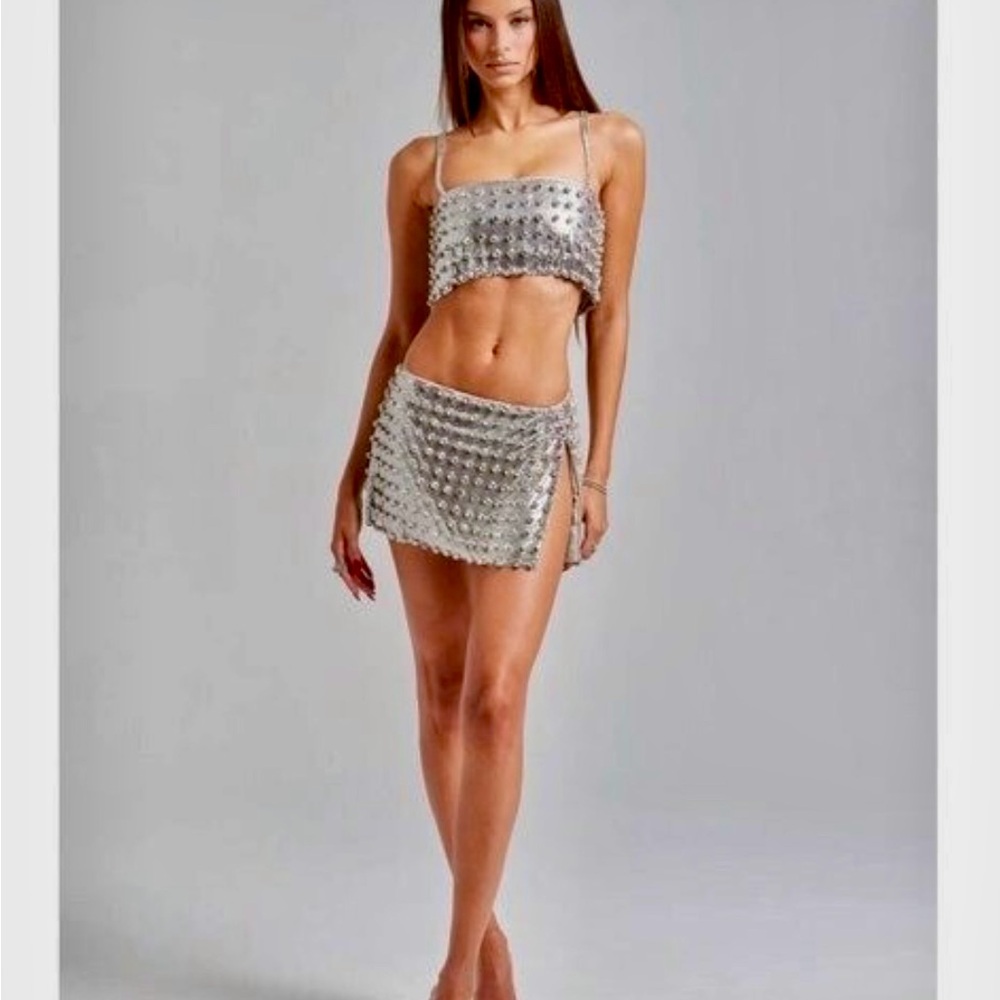Retrofete Silver Embellished Crop Top and Skirt (Size Small)